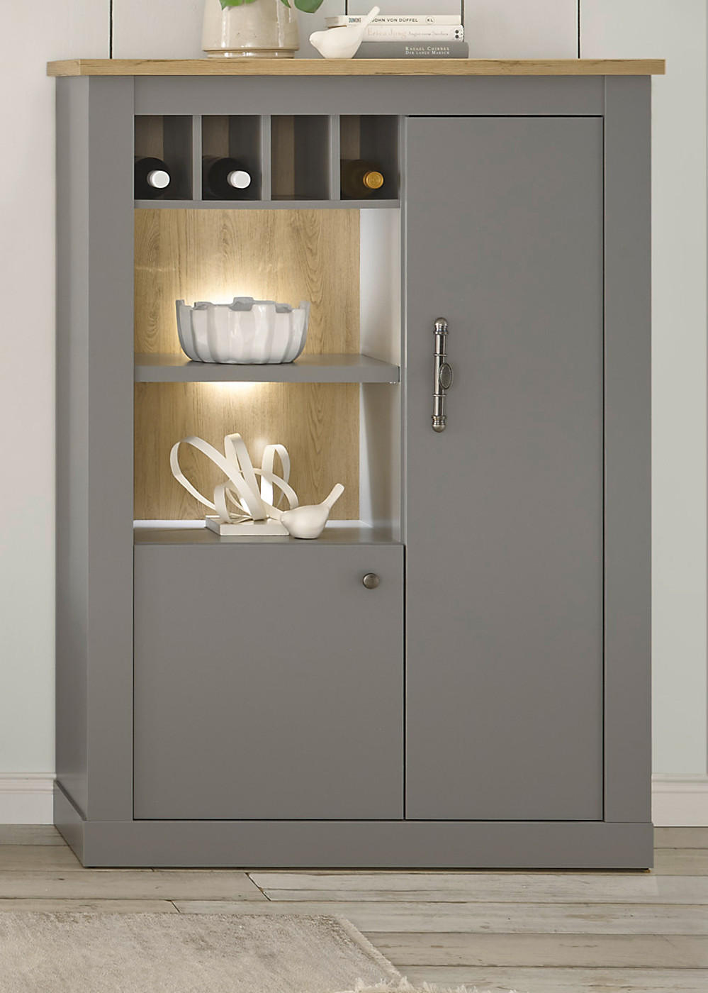HIGHBOARD grau, Artisan Eiche 130 cm, Kommode im Landhaus-Stil - Silberfarben/Hellgrau, Holzwerkstoff/Metall (103/142/37cm) - Furn.Design