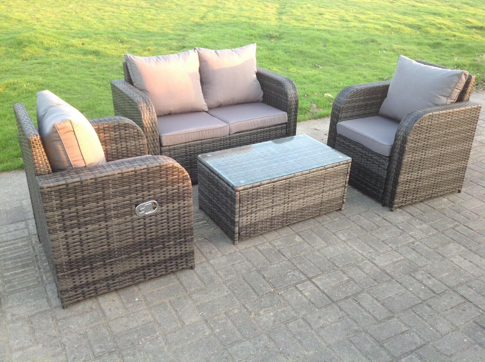 GARTENMÖBELSET mit Couchtisch Polyrattan 4-Sitzer - Dunkelgrau/Grau, Glas/Kunststoff - Fimous
