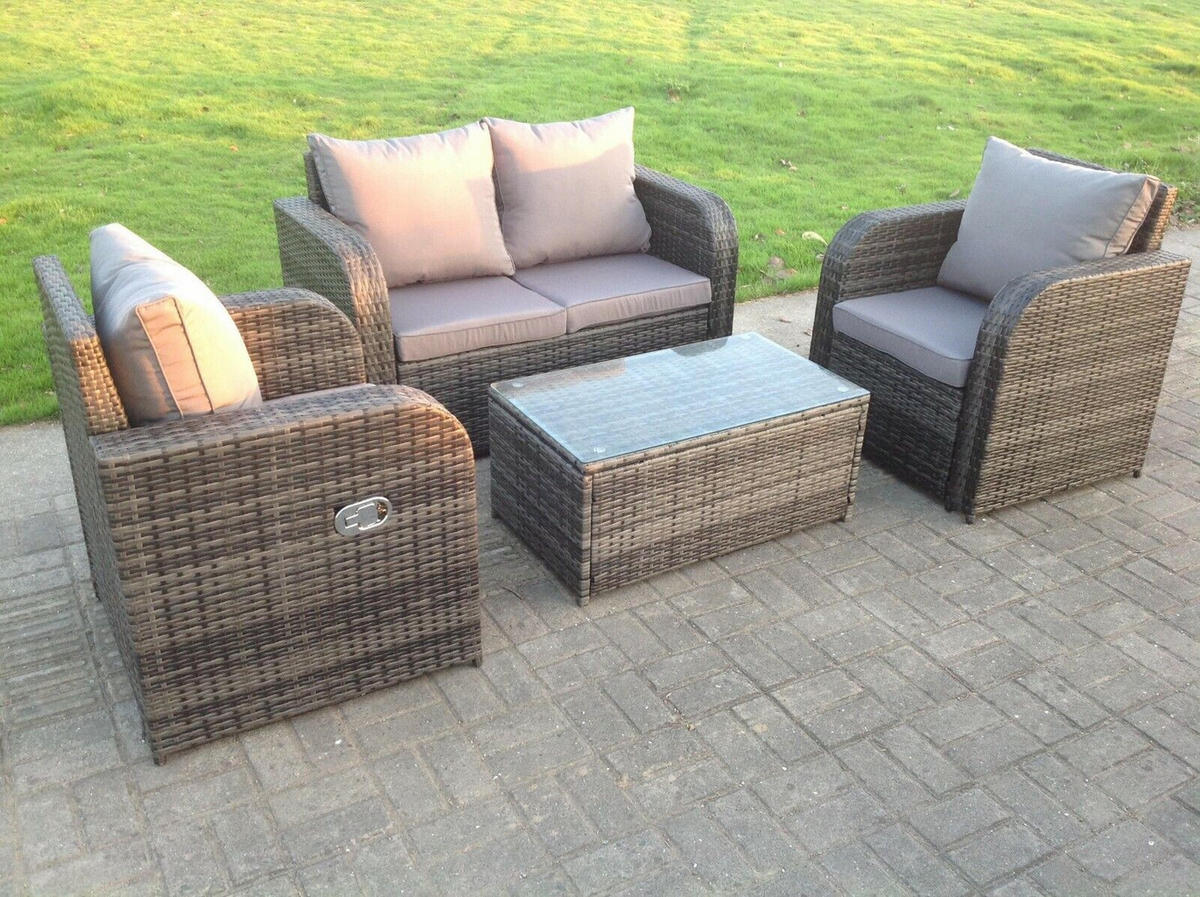 GARTENMÖBELSET mit Couchtisch Polyrattan 4-Sitzer - Dunkelgrau/Grau, Glas/Kunststoff - Fimous