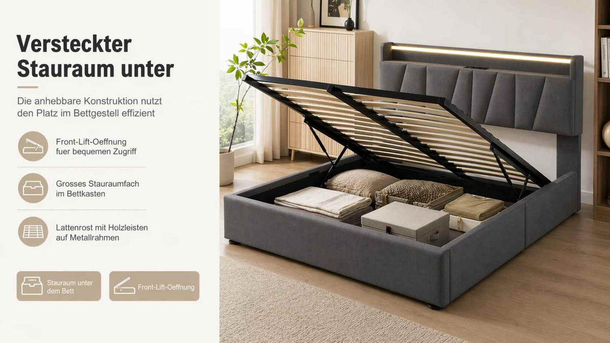 POLSTERBETT 140/200 cm grau mit Stauraum-Kopfteil und LED-Beleuchtung - Grau, Textil (140/200cm) - OKWISH