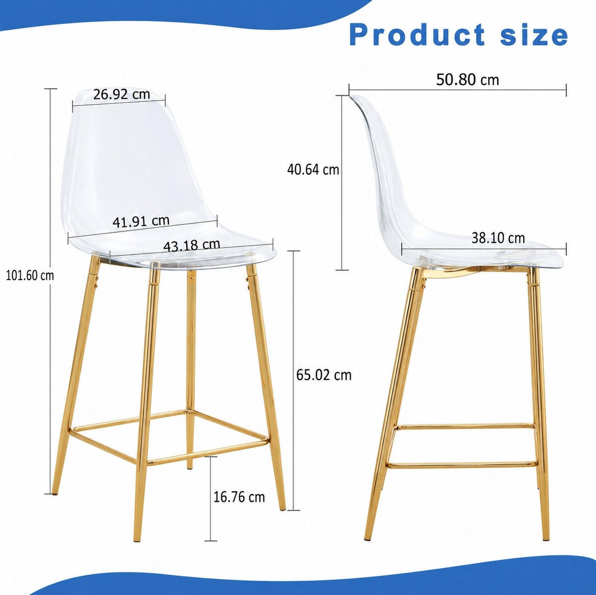 BARHOCKER Transparent 2er-Set mit Metallgestell Gold - Goldfarben, Metall (45/102/51.3cm) - Meubliv