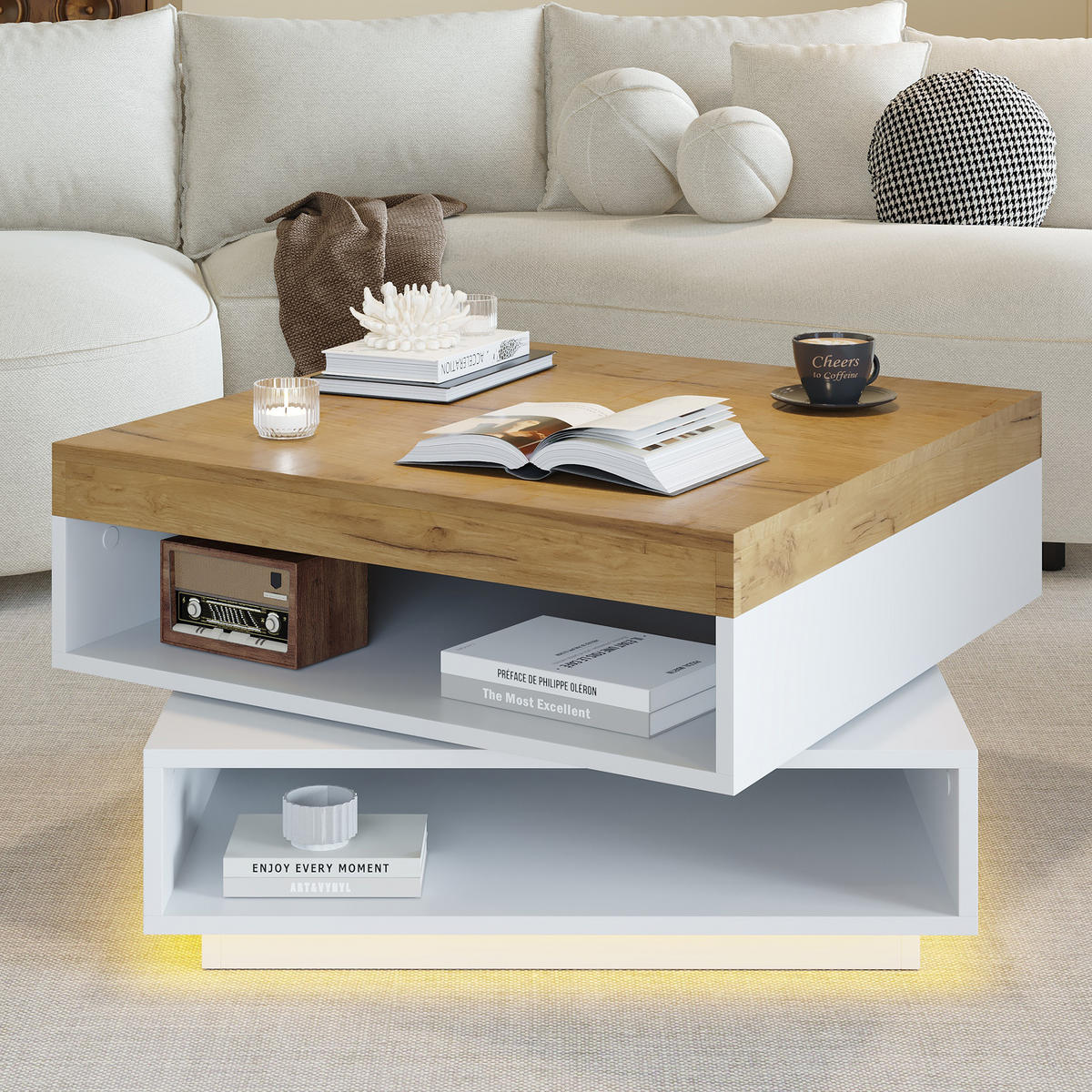 COUCHTISCH in Weiß Sofatisch mit 360° drehbarer Tischplatte, LED-Beleuchtung & Stauraum, B65/T65/H40cm - Weiß/Naturfarben, Holzwerkstoff/Metall (65/65/40cm) - STILVORA