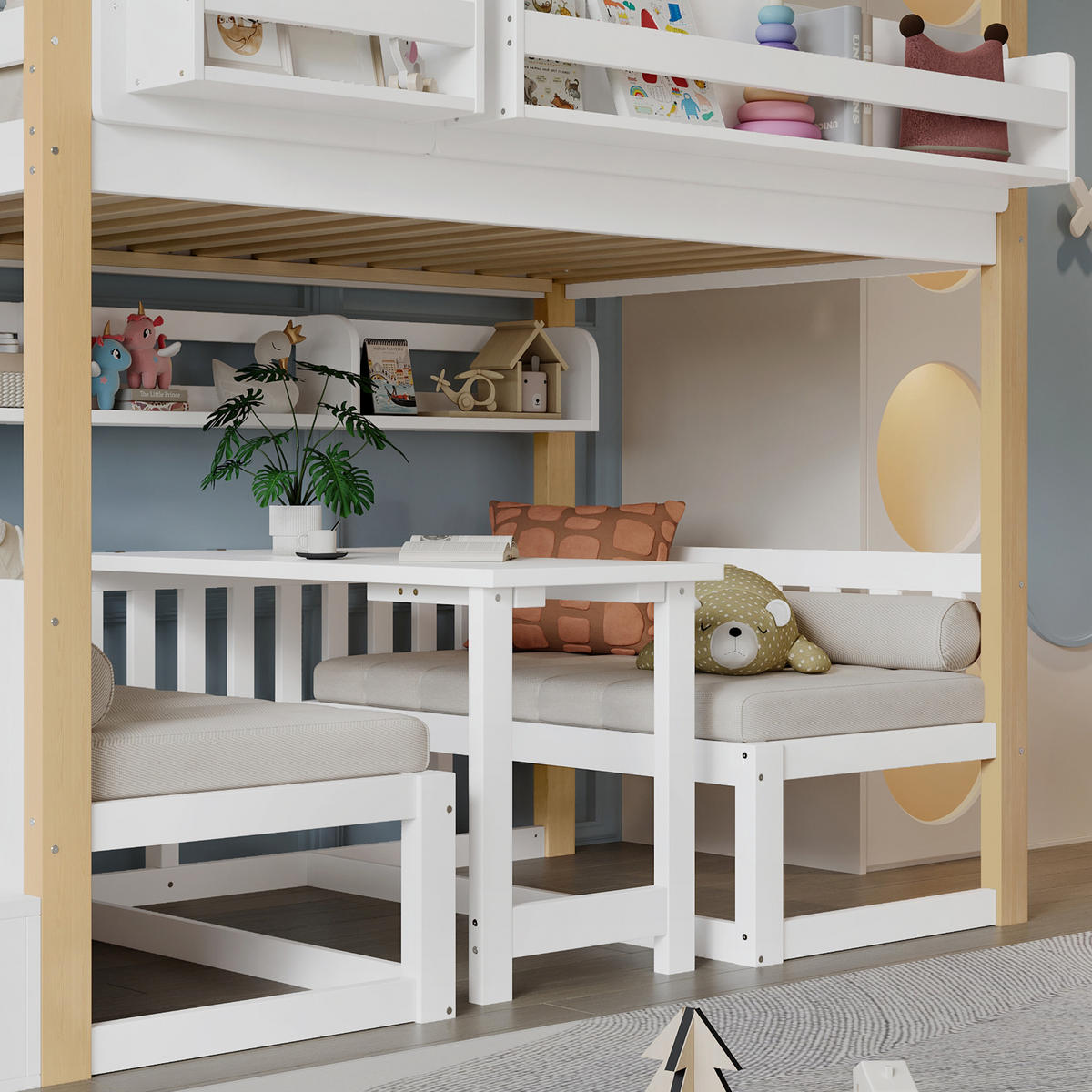 HOCHBETT 90/200 mit Tisch, Bücherregal und Aufbewahrungstreppe in Weiß und Natur - Weiß/Naturfarben, Holzwerkstoff (90/200cm) - EVRYAE