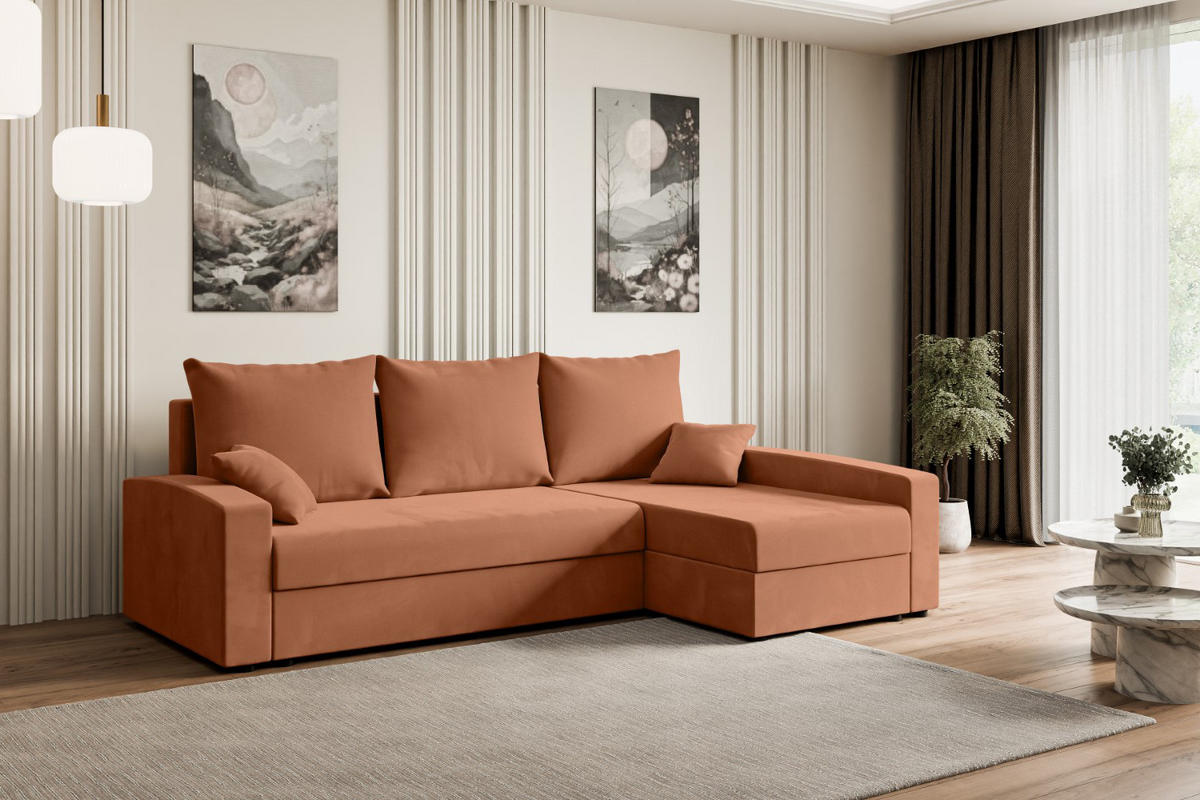ECKSOFA mit Schlaffunktion und Bettkasten ALESIA-L 231x140x90 cm Koralle Velours - Koralle/Silberfarben, Holzwerkstoff/Kunststoff (231/140cm) - ALTDECOR