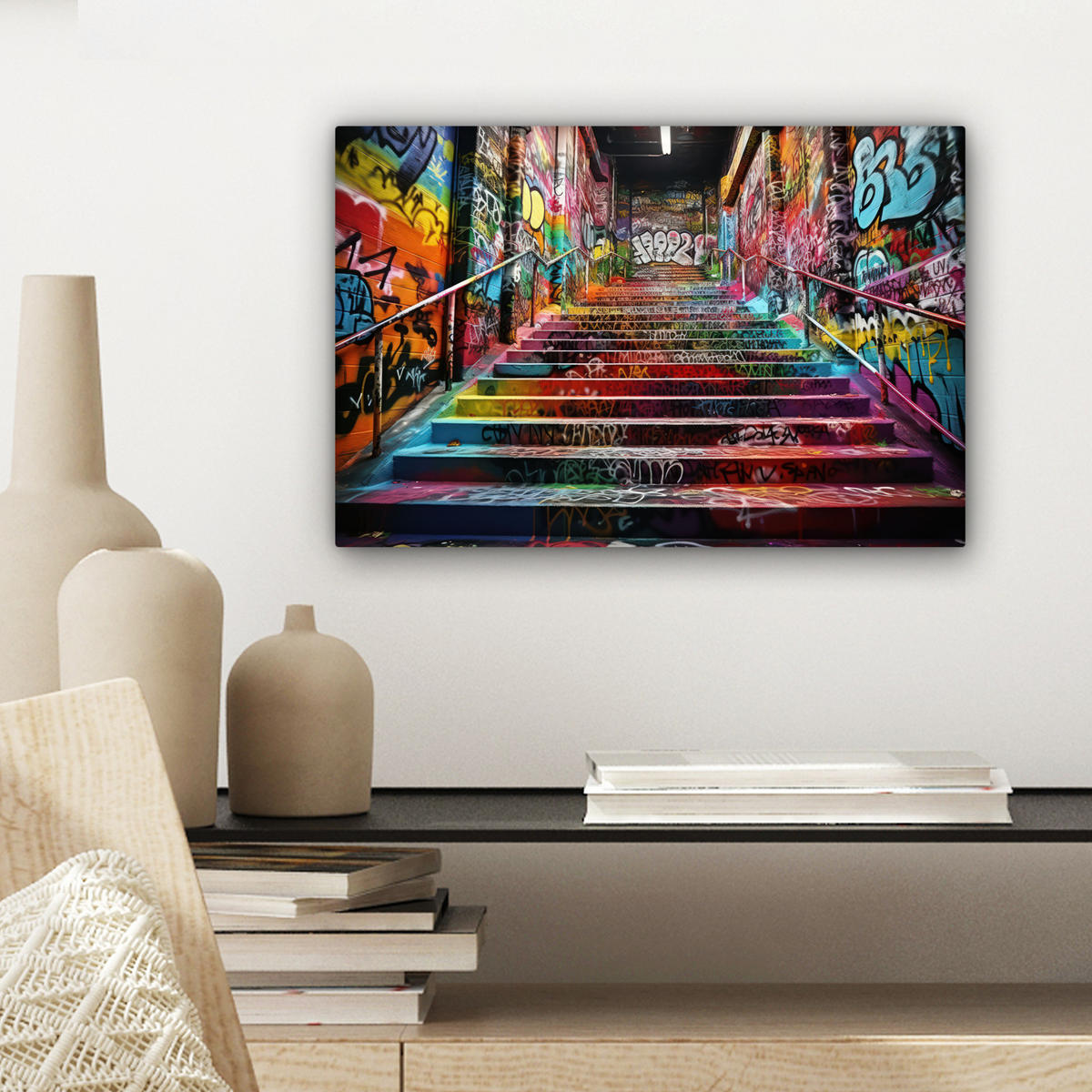 LEINWANDBILD Treppe - Graffiti - Farben - Kunst Deko Schlafzimmer 30x20 cm - Multicolor, Textil (30/20cm) - MuchoWow