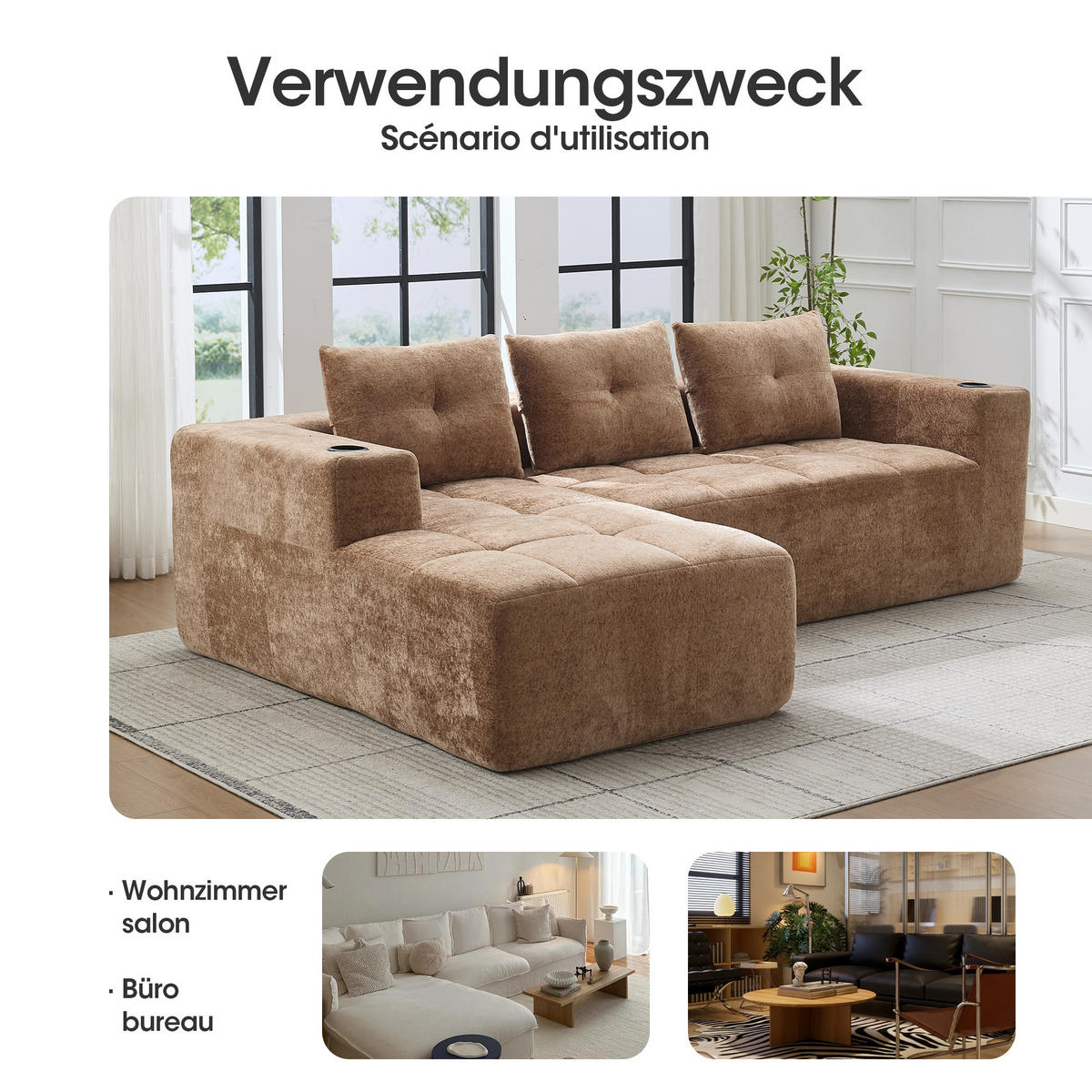 ECKSOFA chenille L-form mit getränkehaltern & 3 kissen - Braun, Textil (258/163cm) - Urban Meuble
