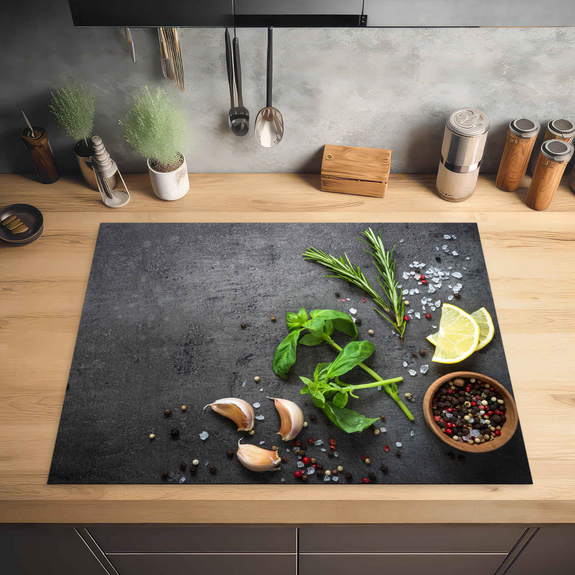 HERDABDECKPLATTE Limette - Kräuter - Gewürze - Grün - Grau - Beton 77x59 cm - Grün, Kunststoff (77/0.2/59cm) - MuchoWow