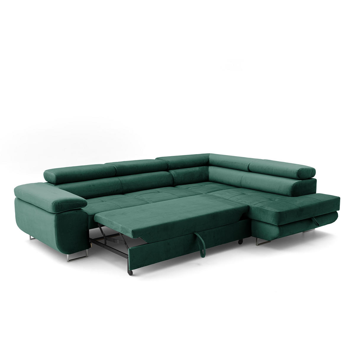 ECKSOFA WILD L Rechts mit Schlaffunktion 127x195 Velours Dunkelgrün - Chromfarben/Dunkelgrün, Holz/Textil (274/203cm) - Muffo