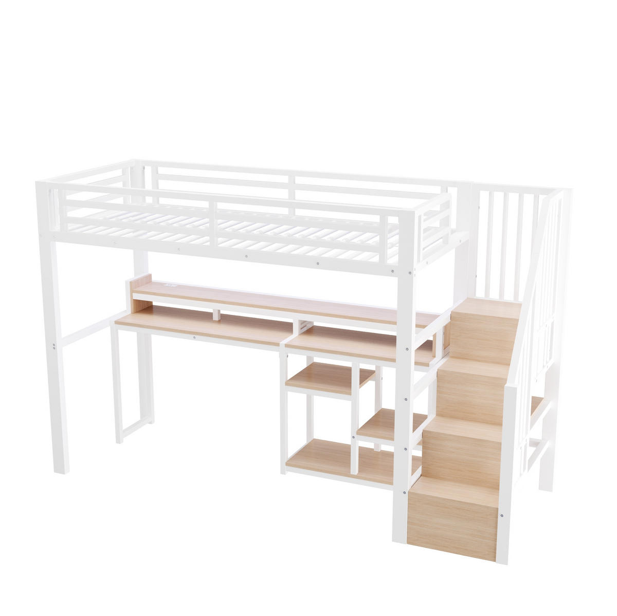 HOCHBETT Metall & MDF 90x200 cm Weiß mit Leiterschrank, Ablagefach, LED sowie USB + Typ-C - Weiß, Holzwerkstoff (90/200cm) - Modfu