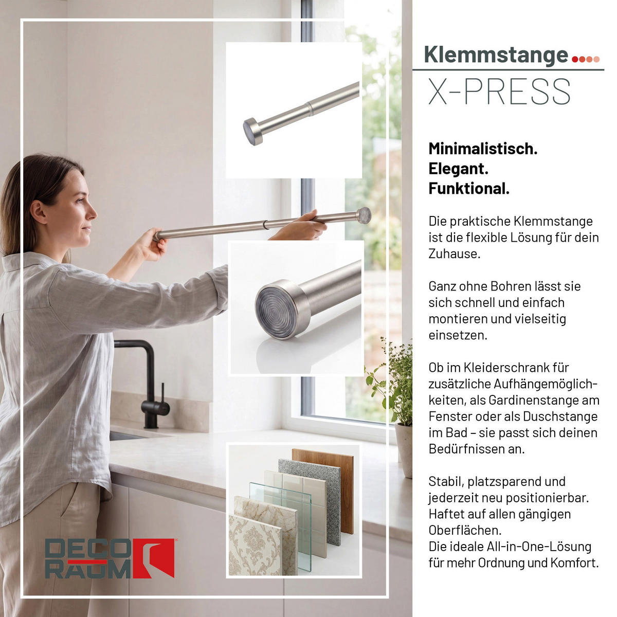 DUSCHVORHANGSTANGE ohne Bohren ausdrehbare Teleskop-Klemmstange aus Metall 125-220cm - Silberfarben, Metall (125cm) - Deco-Raum