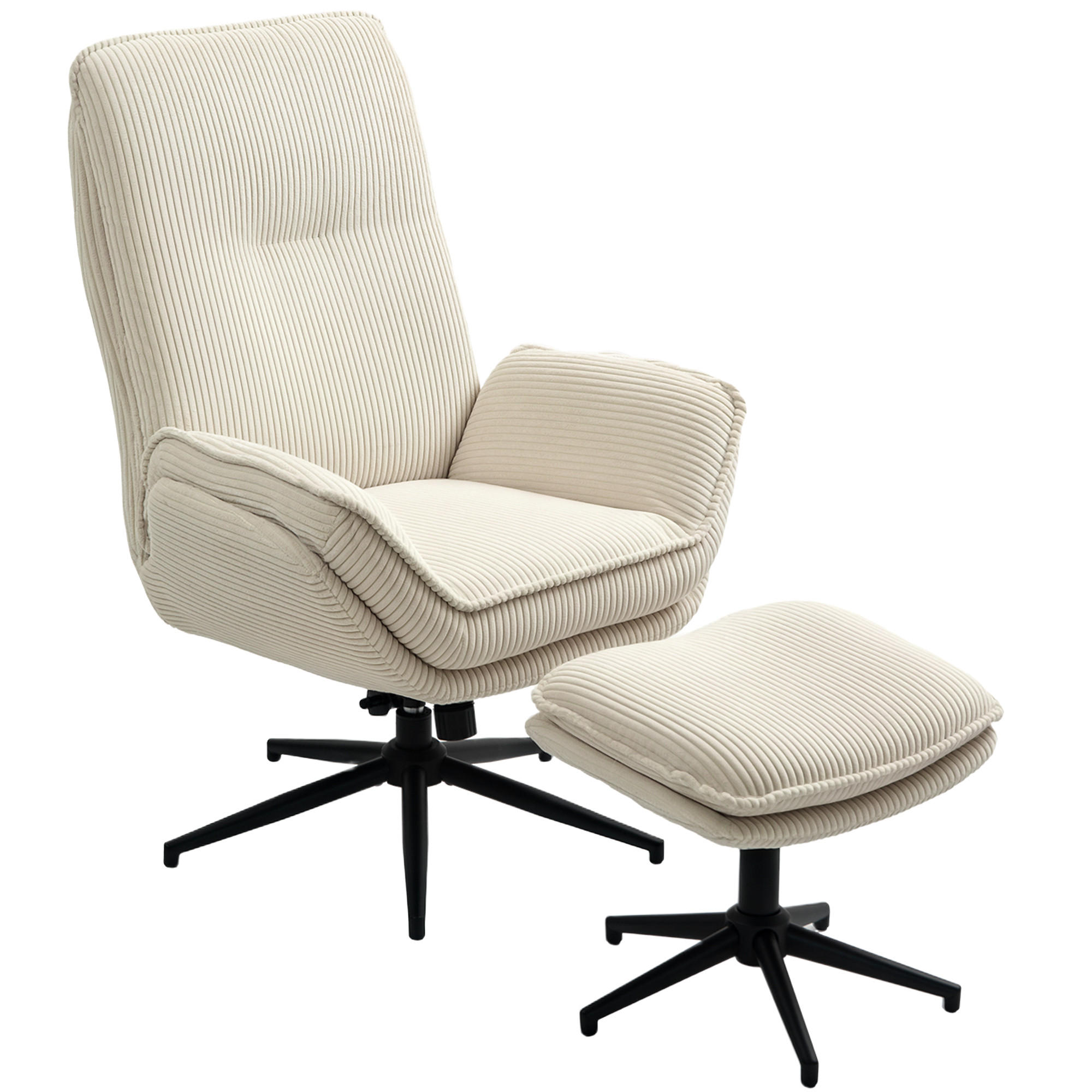 RELAXSESSEL mit Hocker 360°Drehbarer Fernsehsessel mit Liegefunktion, Cord Beige - Beige/Schwarz, Textil/Metall (72/107/83cm) - HOMCOM