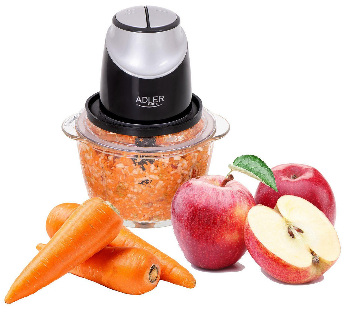 ADLER AD4082 Glas Zerkleinerer 1,2L – Elektrischer Multizerkleinerer mit 4 Edelstahlklingen, Einhandbedienung, Für Gemüse, Fleisch, Nüsse & Zwiebeln - Transparent/Schwarz, Glas/Kunststoff (18/24/18cm) - Adler