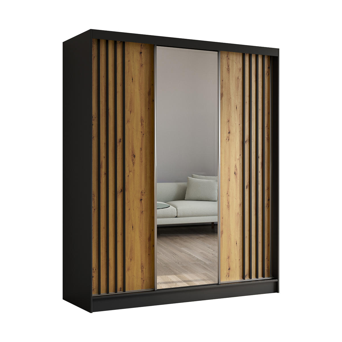 SCHWEBETÜRENSCHRANK NELVIA 180/216/61 cm 3-türig mit Spiegel Schwarz - Schwarz/Eiche Artisan, Holzwerkstoff (180/216/61cm) - MASSENO