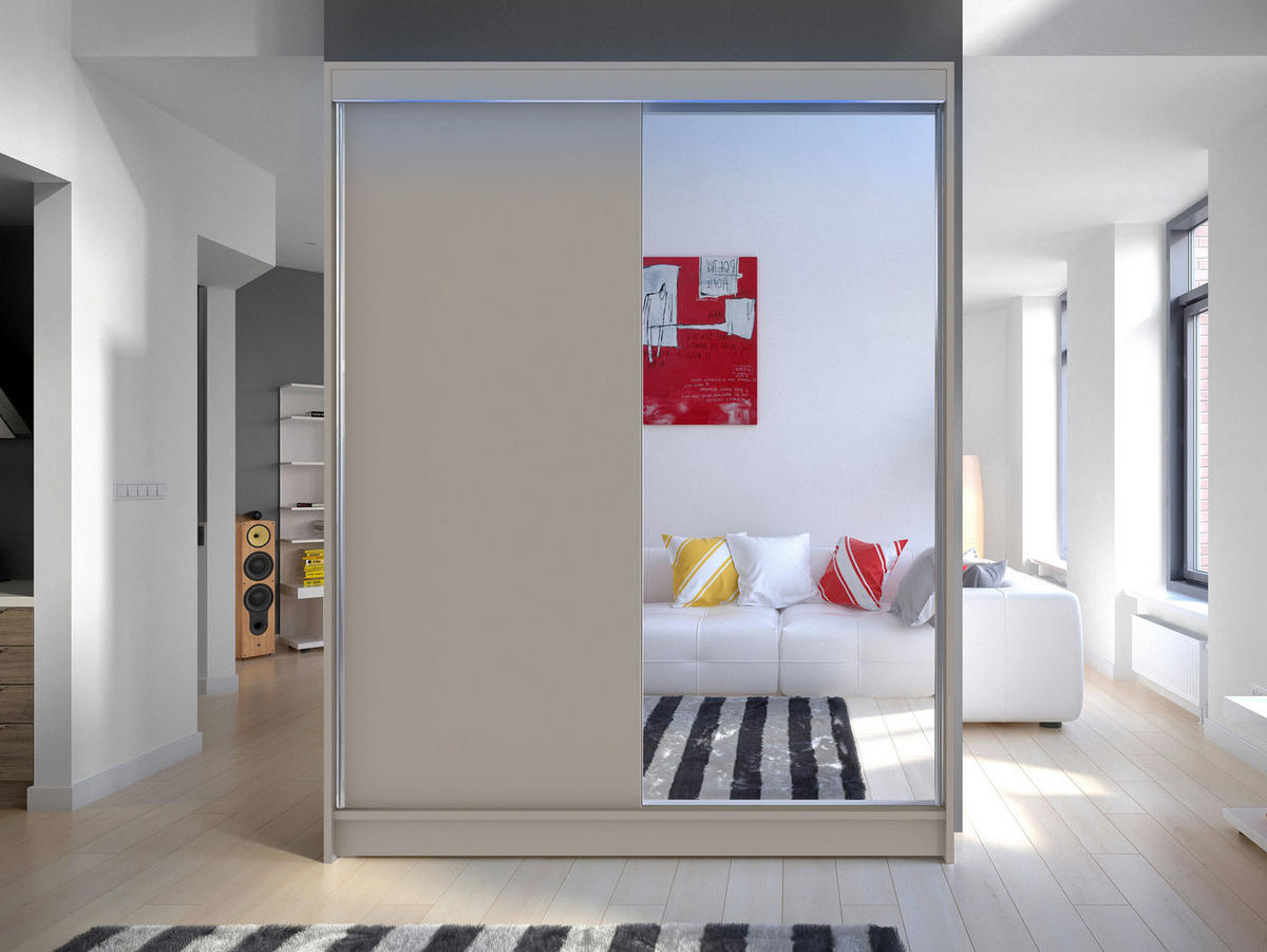 SCHWEBETÜRENSCHRANK Camino I mit RGB LED Beleuchtung - Kaschmir/Silberfarben, Holzwerkstoff/Metall (150/200/58cm) - MIRJAN24