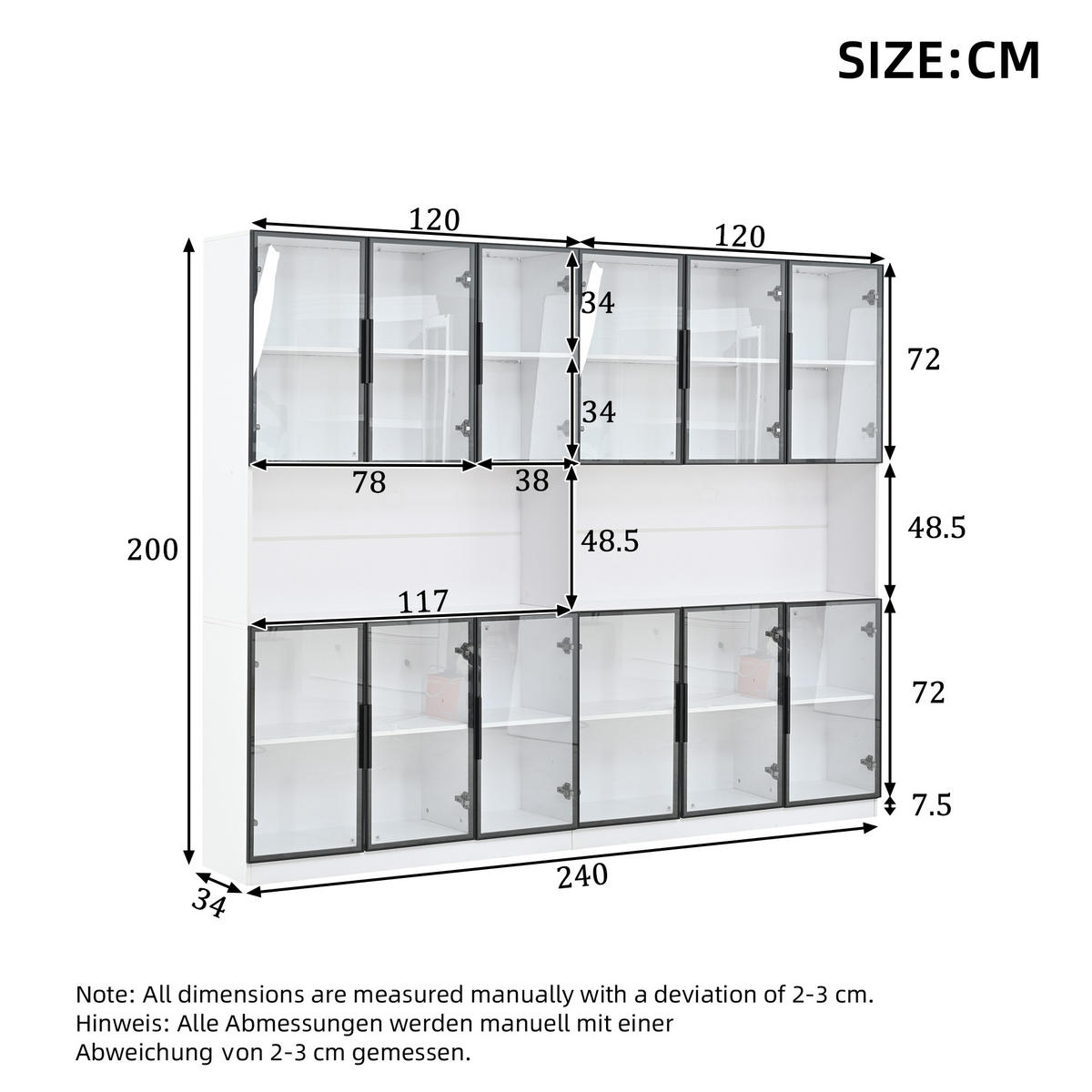 VITRINE 240/34/200 cm weiß aus MDF und Glas mit LED und 12 Türen - Weiß, Holzwerkstoff (240/200/34cm) - OKWISH