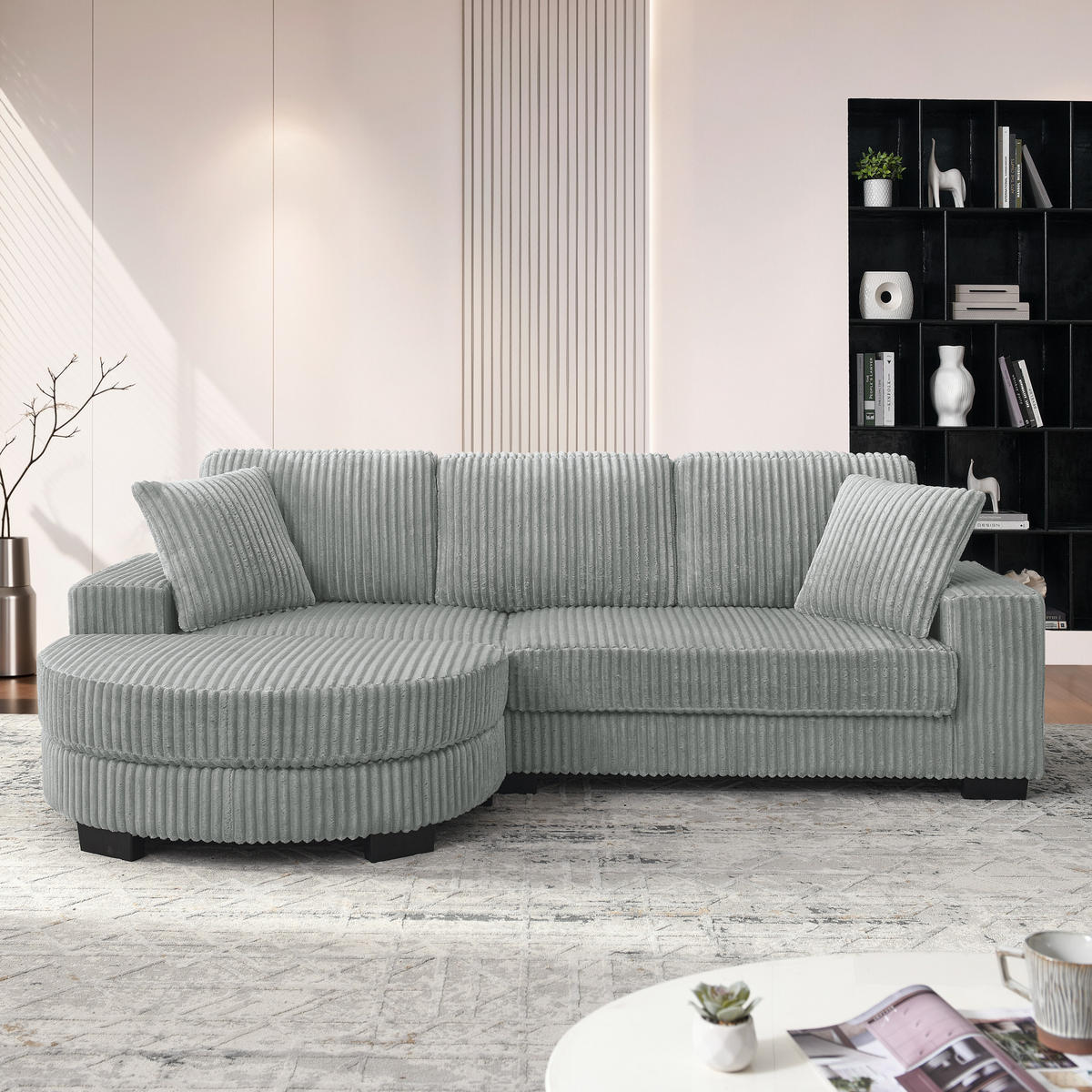 ECKSOFA 256.5/133.5/89 cm Grau Cord mit 2 Kissen und ovaler Fußhocker - Grau, Textil (133.5/89/256.5cm) - Oxeza