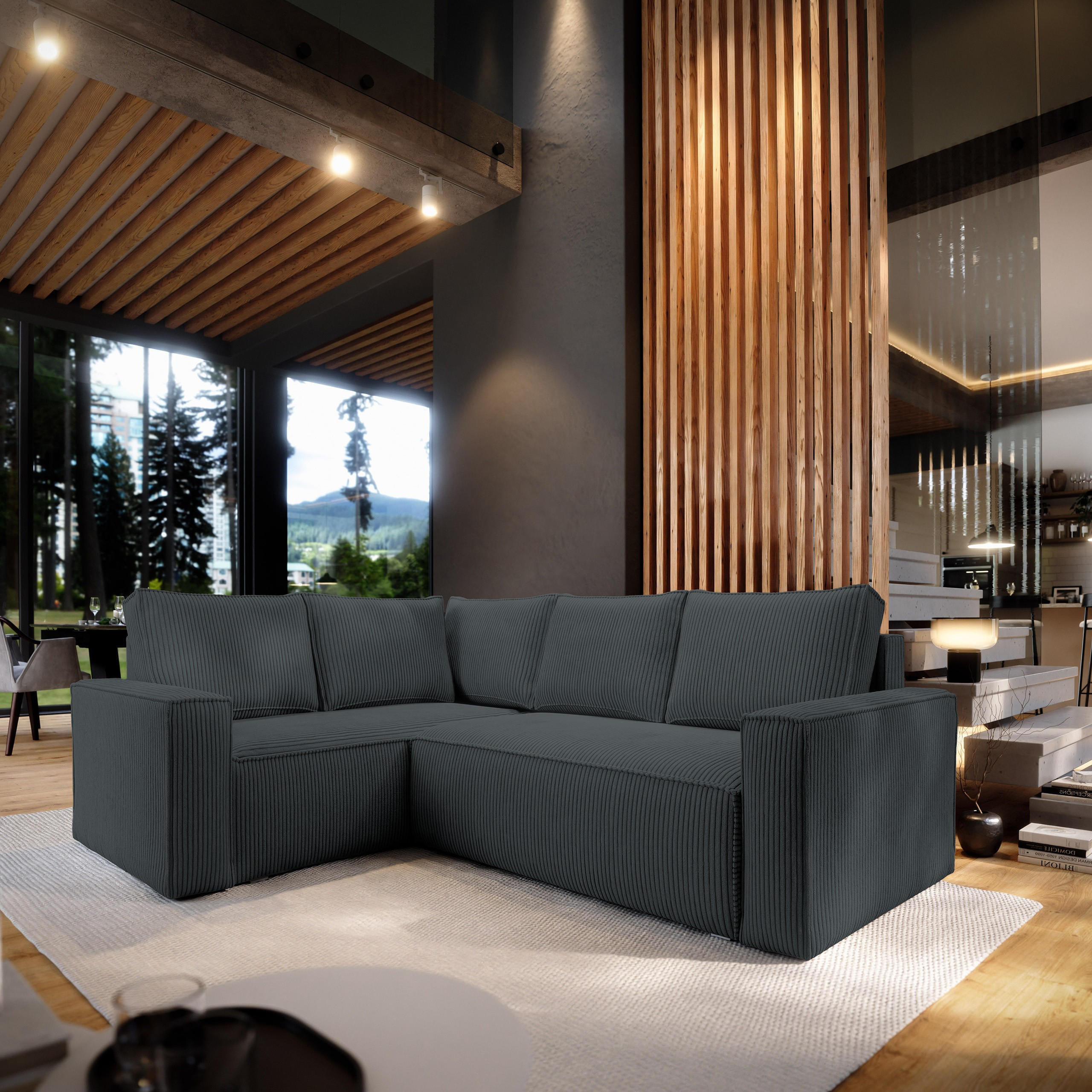 ECKSOFA ESTANO L-S Graphitfarben Kordstoff mit Schlaffunktion - Graphitfarben, Holz (230/158cm) - MASSENO