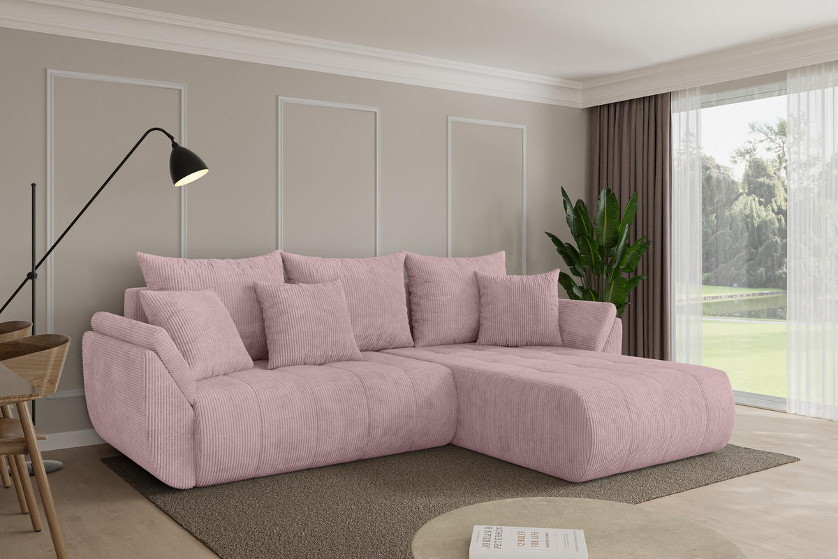ROHOVÁ SEDAČKA s funkcí spaní, otoman vpravo TOKO-L 277x194x86 růžová manšestr - růžová/černá, kompozitní dřevo/textil (277/194cm) - ALTDECOR