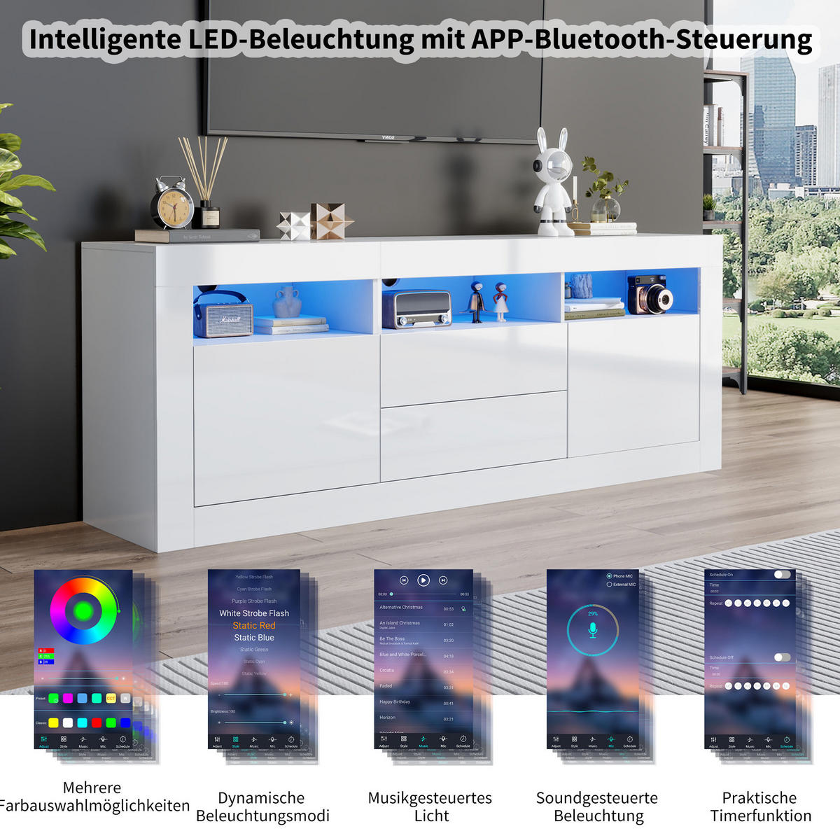LOWBOARD 160/35/60 cm Weiß aus Spanplatte mit LED-Beleuchtung - Weiß, Holzwerkstoff (35/60/160cm) - OKMYHOME