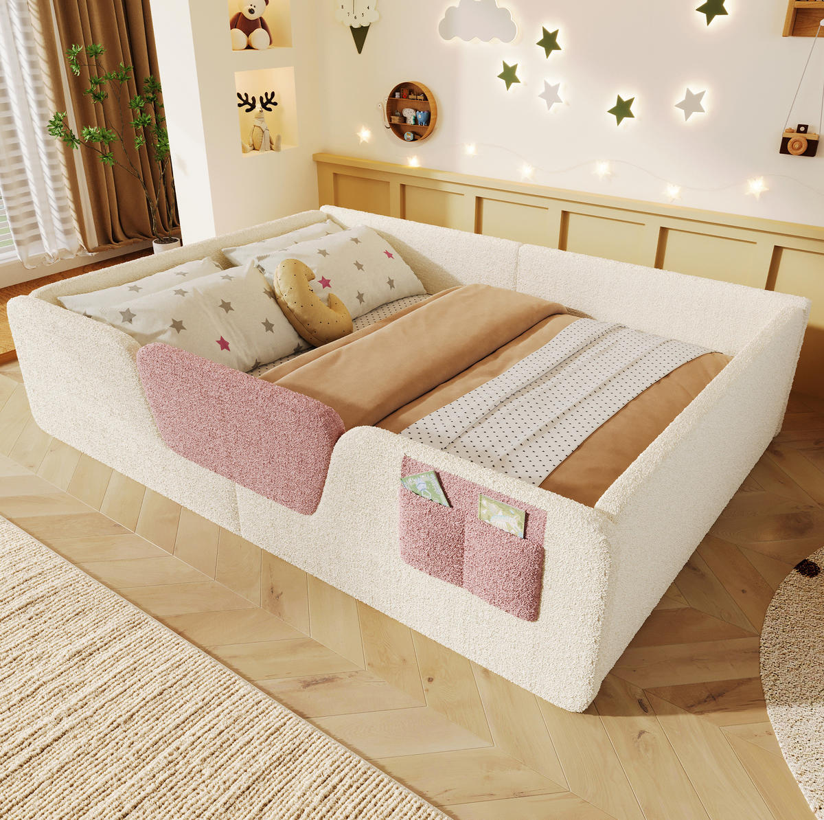 KINDERBETT Polsterbett 140/190 cm aus Samt und MDF mit abnehmbaren Seitengittern Beige - Beige, Textil (140/190cm) - Modenvie