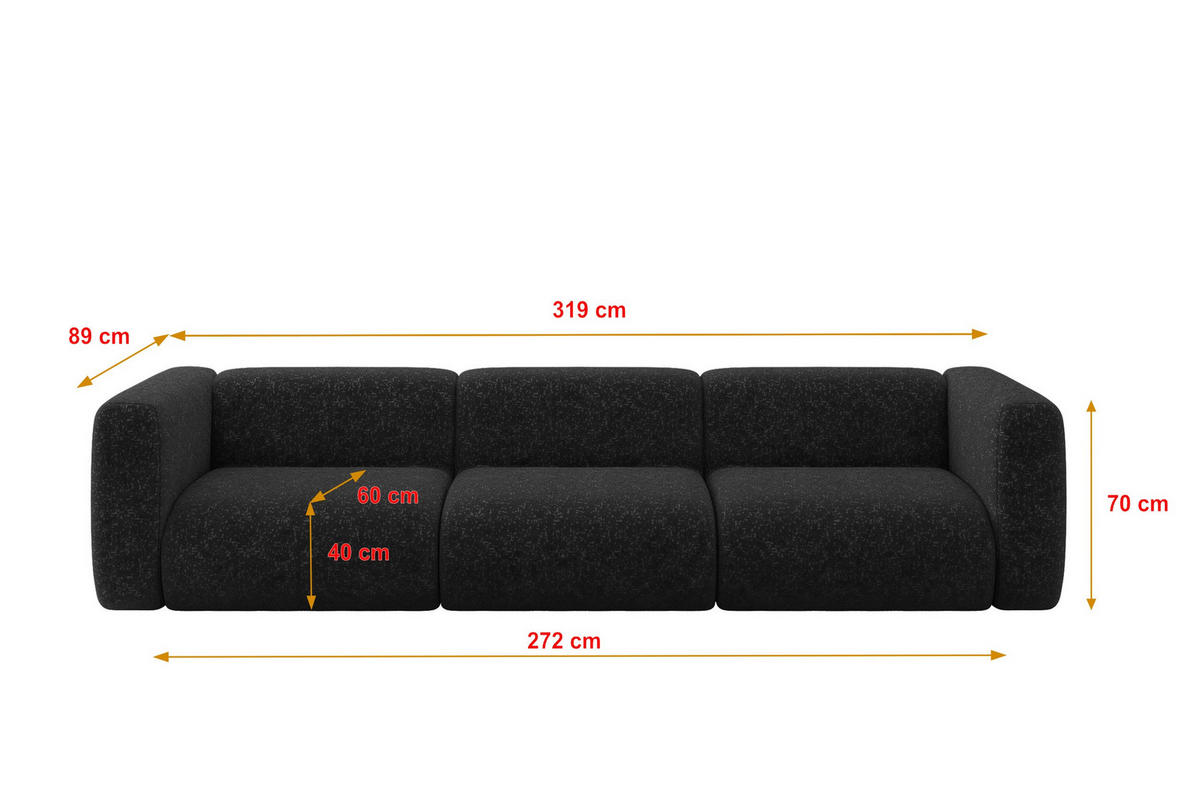 MODULÁRNÍ pohovka MIRA-S2, 3místná, 319 × 89 × 70 cm, černá, velur - černá, kompozitní dřevo/textil (319/70/89cm) - ALTDECOR