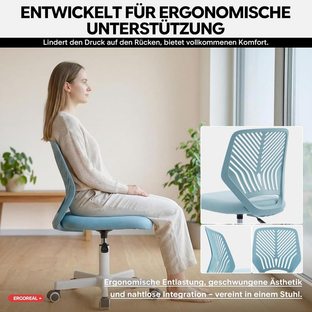 BÜROSTUHL Ergonomischer ohne Armlehne, mit Rollen & Höhenverstellung - Blau, Metall (55/79/55cm)