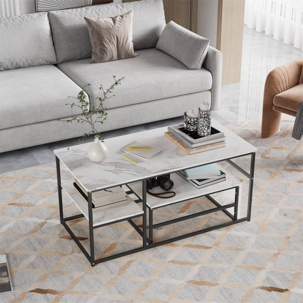 COUCHTISCH - Rechteckiger Couchtisch in Marmoroptik mit schwarzem Metallgestell - Weiß und Schwarz - Schwarz, Holzwerkstoff (52/105/48.5cm) - DELFA