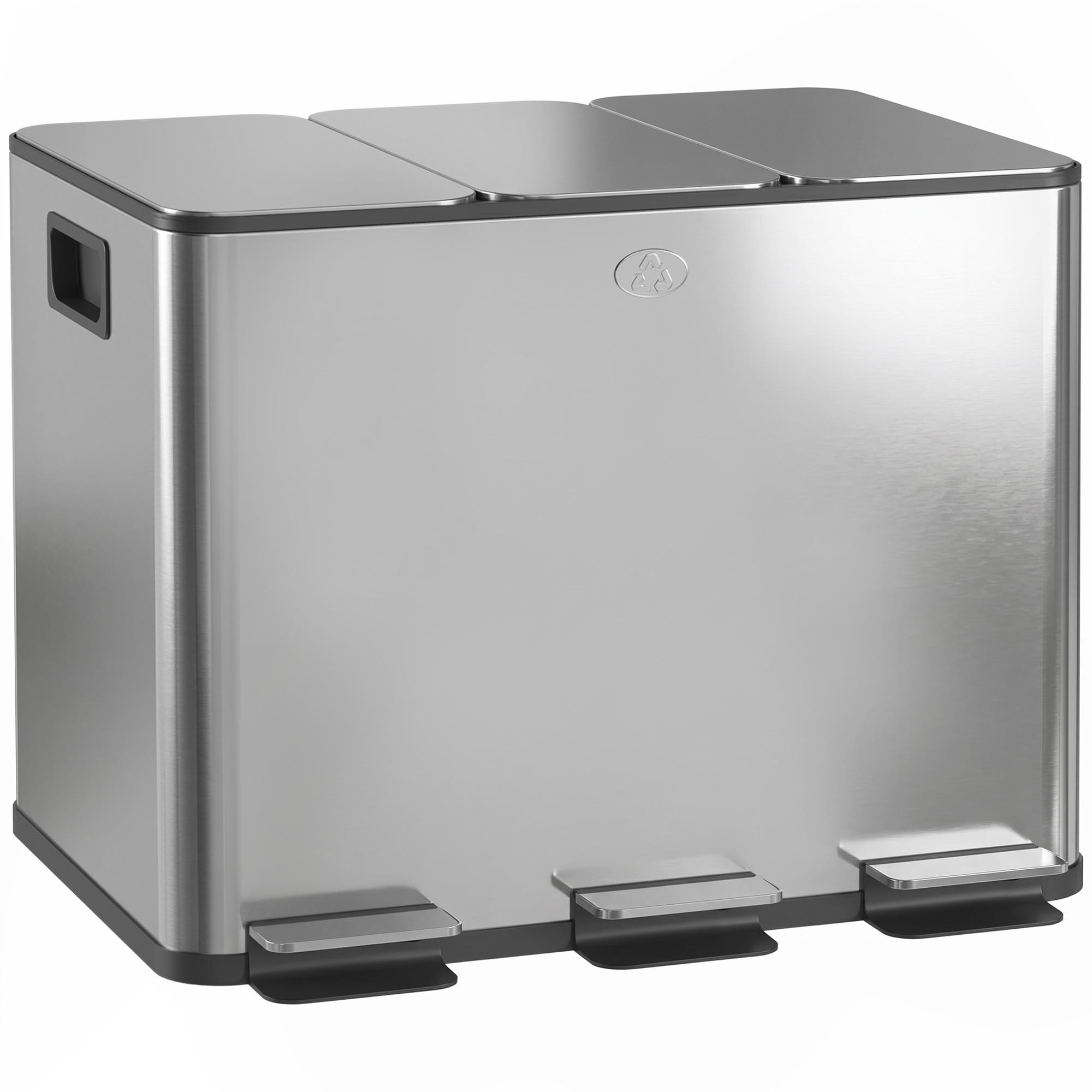 MÜLLEIMER 3 Fach 60L Edelstahl Treteimer Soft Close Silber 61,9/36,6/56,7 cm - Silberfarben, Metall (36.6/56.7/61.9cm) - Rolipo