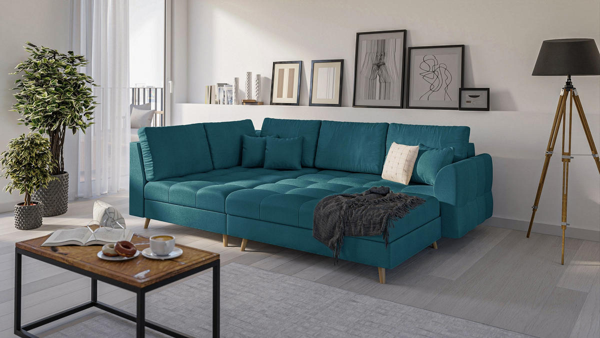 ECKSOFA MIT HOCKER Lorine Mikrofaser Blau - Blau/Hellbraun, Buchenholz/Textil (231/161cm) - S-Style Möbel