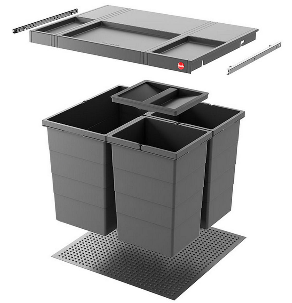 HAILO Allegro System 1x 18 und 2x 8 Liter Mülleimer Küche Einbau 60cm Schublade - Grau, Kunststoff (47.6/34.5/47.3cm) - Hailo