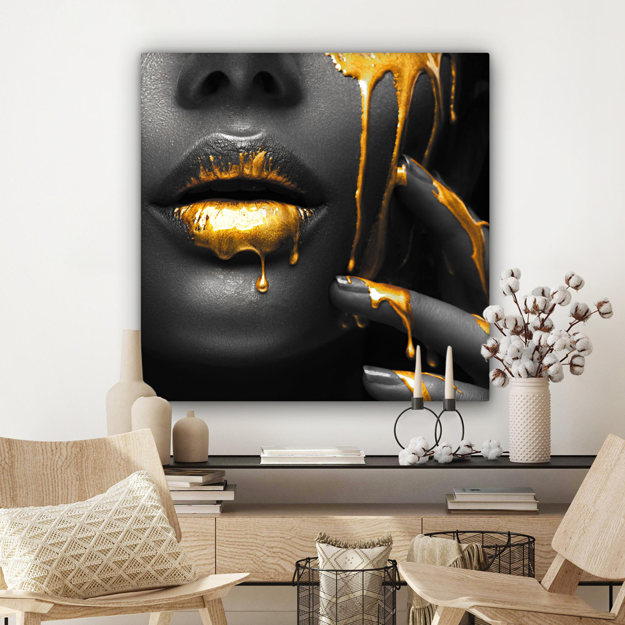 LEINWANDBILD Frau - Schwarz - Gold - Gesicht - Lippen 90x90 cm - Goldfarben, Textil (90/90cm) - MuchoWow