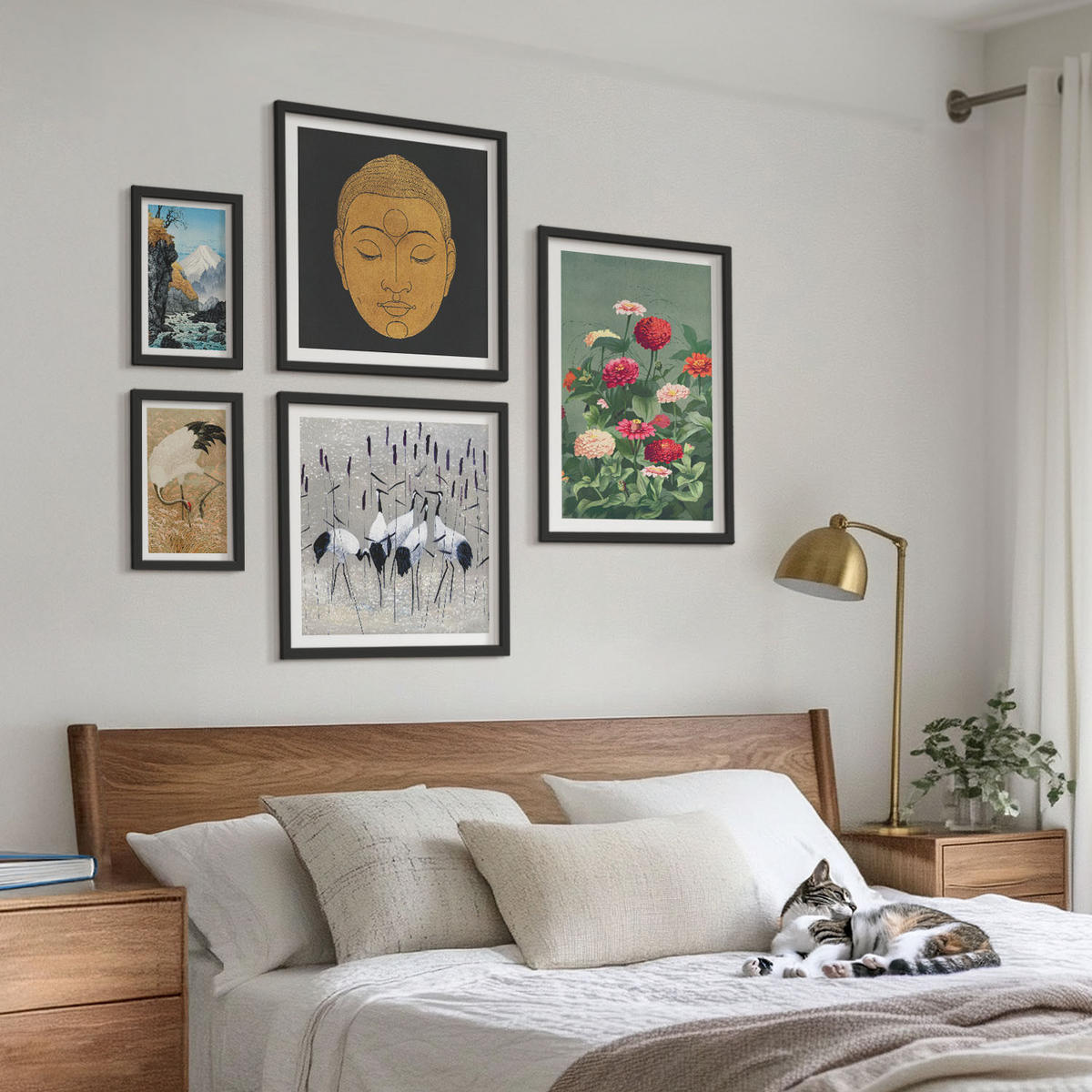 BILDER SET 5er Set - 50x50 cm & 20x30 cm & 40x60 cm Schwarzer Rahmen - Abstrakte Berge und Blumen Inspiration - Schwarz, Kunststoff (40/60cm) - TULUP