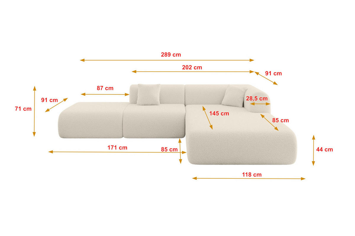 ECKSOFA Ottomane Rechts OVLY-L 289x176x71 Beige Bouclé - Sandfarben/Beige, Holzwerkstoff/Kunststoff (289/176cm) - ALTDECOR