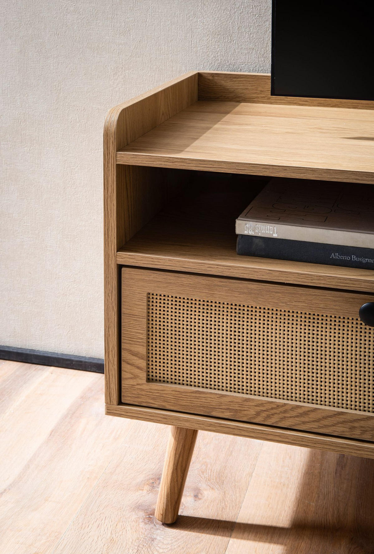 LOWBOARD Eiche-Dekor Rattan Modern Stil 120x56x39 cm mit Schubladen - Eichefarben/Braun, Holz (120/56/39cm) - KADIMA DESIGN