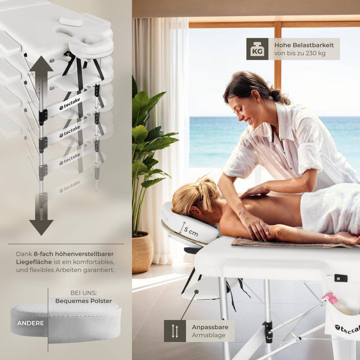 MASSAGELIEGE 3 Zonen Phuket,212 x 103 x 90 cm,weiß - Weiß, Metall (103/90/212cm) - tectake