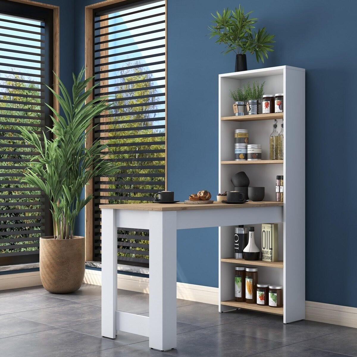 KÜCHENTISCH mit integriertem Regal Weiß und Holzdekor 120/153,6/53,8 cm - Weiß, Holzwerkstoff (53.8/153.6/120cm) - Calicosy