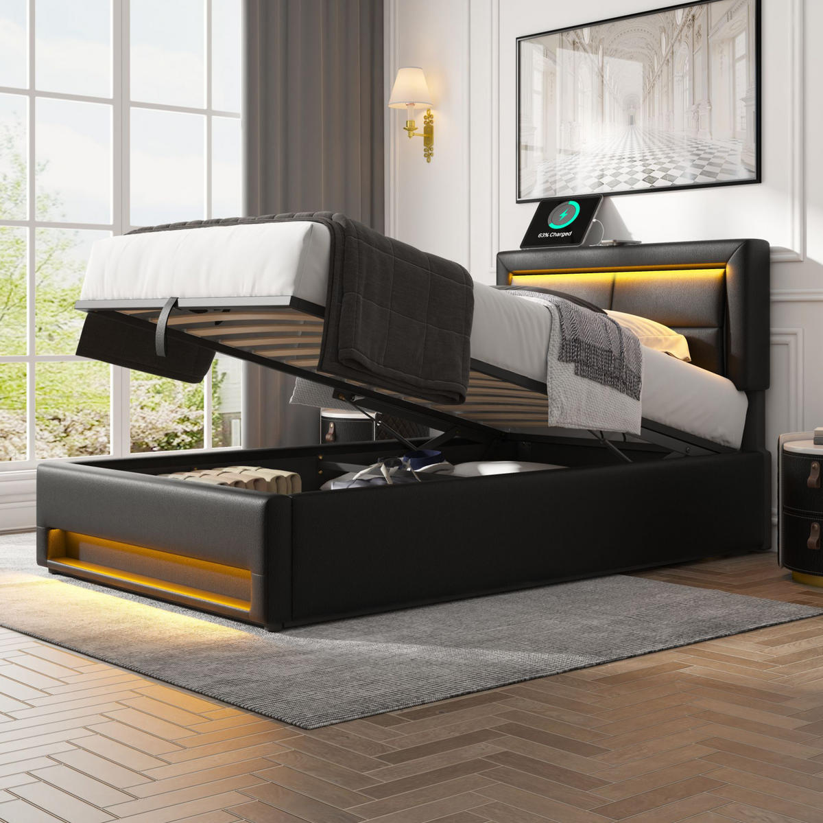 POLSTERBETT mit USB, LED und Stauraum 90x200 cm PU Schwarz - Schwarz, Metall (90/200cm) - Meubliv