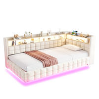 ČALOUNĚNÁ postel 90/200 cm s hydraulickým úložným prostorem, LED osvětlením, USB a USB-C, sametová, Béžová - béžová, textil (90/200cm) - Redom