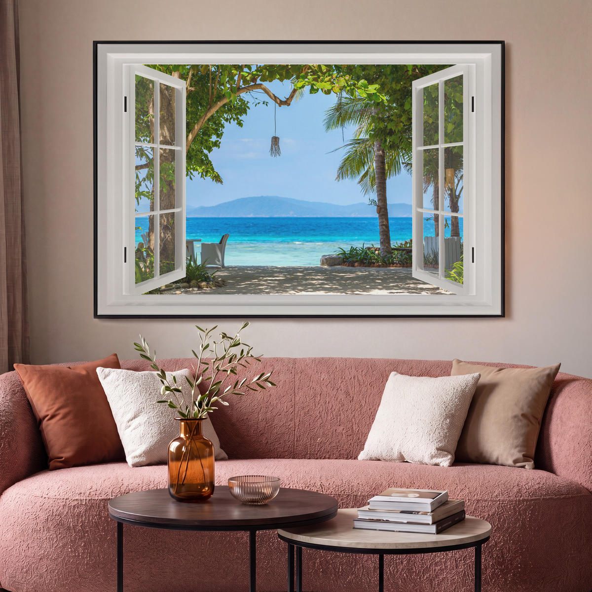 LEINWAND Bilder mit Rahmen - Aussicht - Baum - Meer - Palme - Hügel - Strand - Blau - 120x80 - Blau, Textil (120/80cm) - MuchoWow
