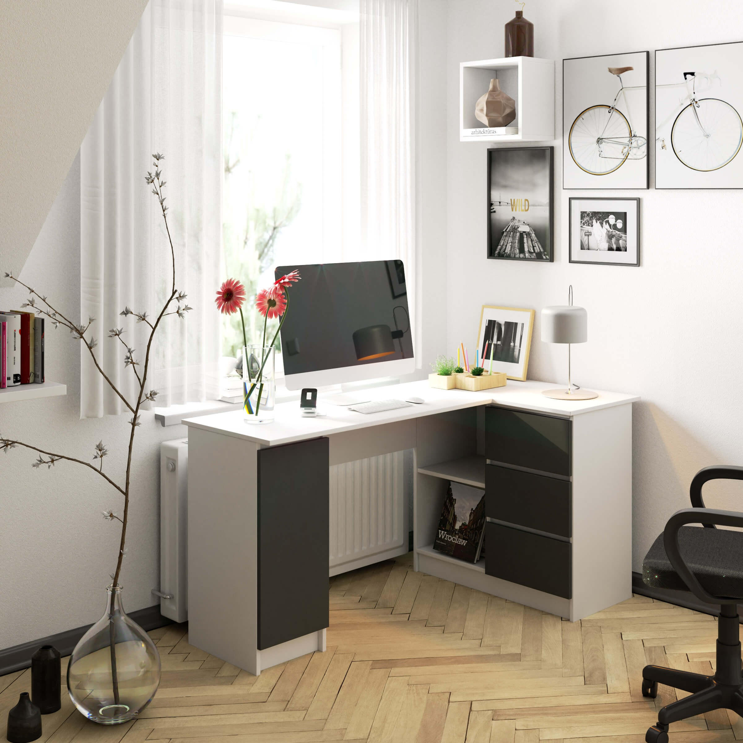 ECKSCHREIBTISCH Weiß, Grau 155x85x77 cm - Weiß/Grau, Holzwerkstoff (85/155/77cm) - Akord
