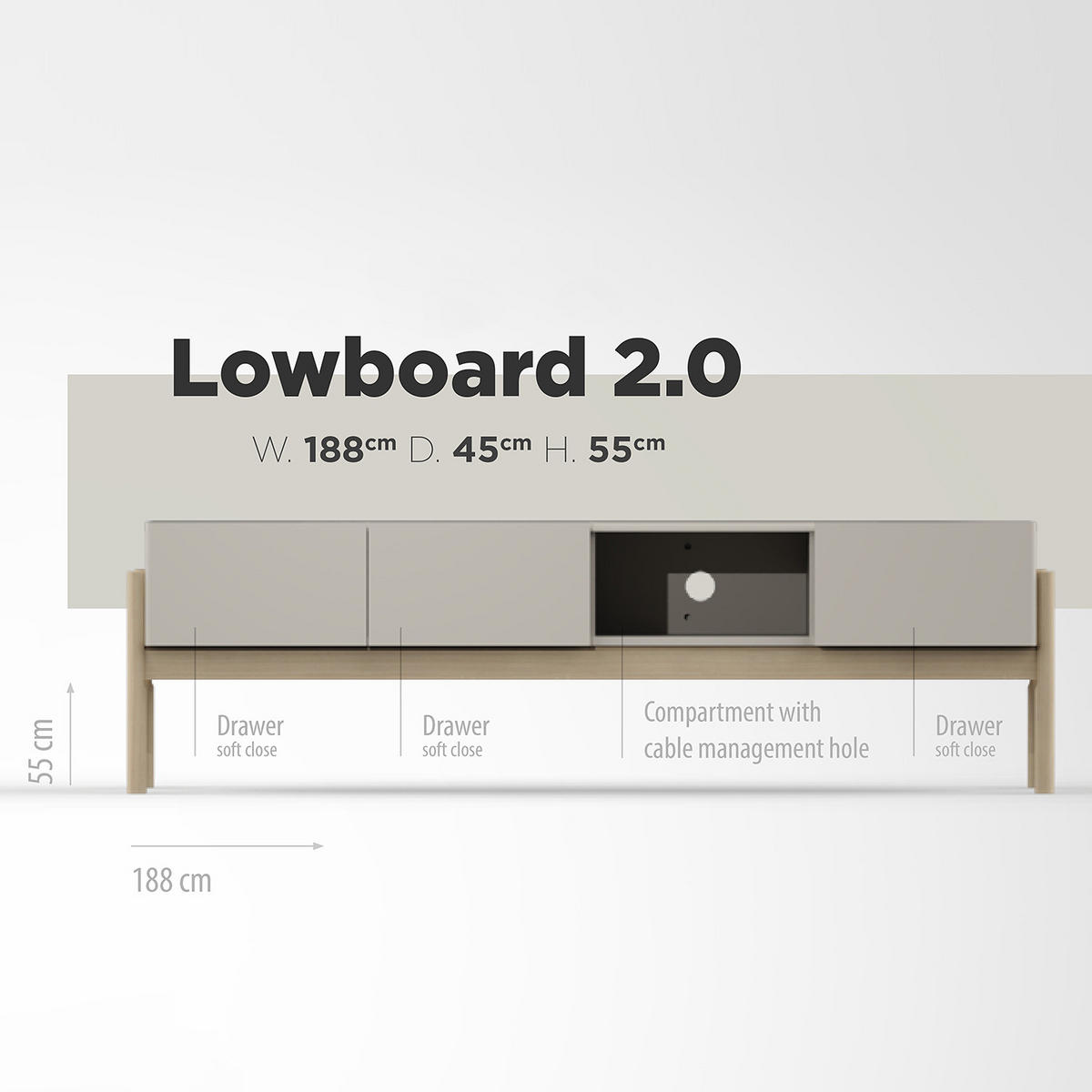 TV-LOWBOARD - Muschelweiß / Eiche Hell - Eichefarben/Weiß, Holz/Holzwerkstoff (188/55/45cm) - home24