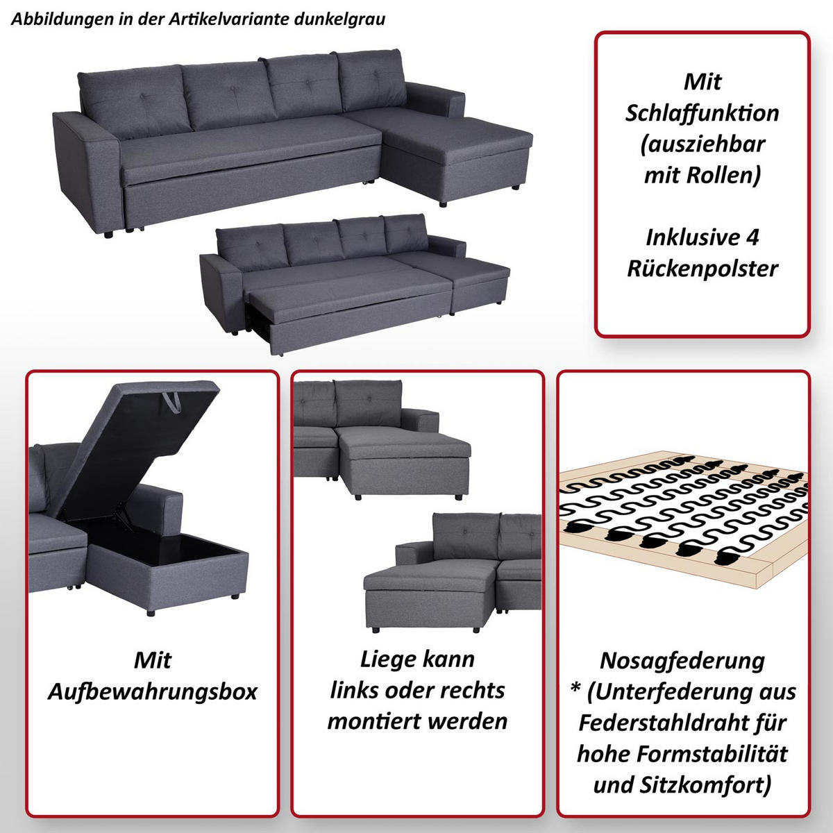 ECKSOFA MIT BETTKASTEN Grau - Grau, Textil (290/150cm) - MCW