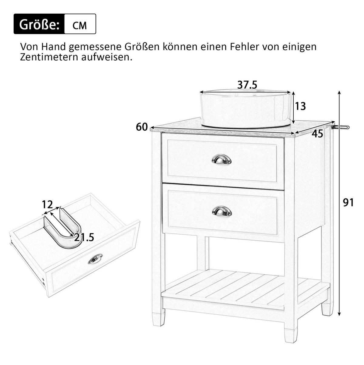 WASCHTISCHUNTERSCHRANK 60x45x91cm Weiß/Natur mit rundem Keramikbecken & 2 Schubladen - Weiß, Holzwerkstoff (60/91/45cm) - Modfu