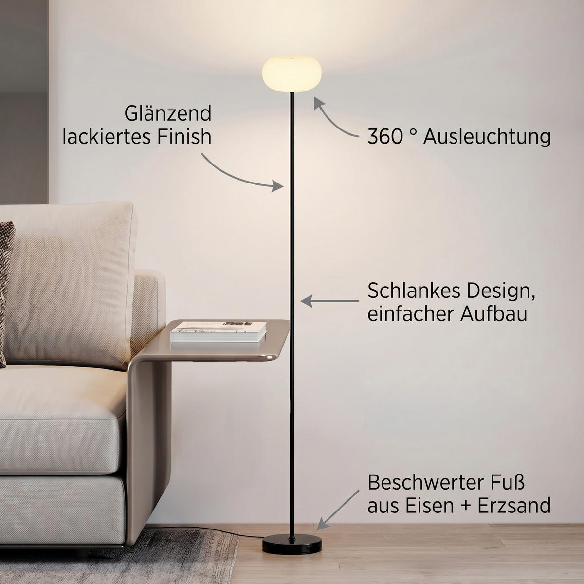 LED-DESIGN-STEHLEUCHTE stufenlos dimmbar Trittschalter 3000K 140cm hoch Metall Wolke Schwarz - Schwarz Hochglanz, Metall (15/15/140cm) - Elblight.de