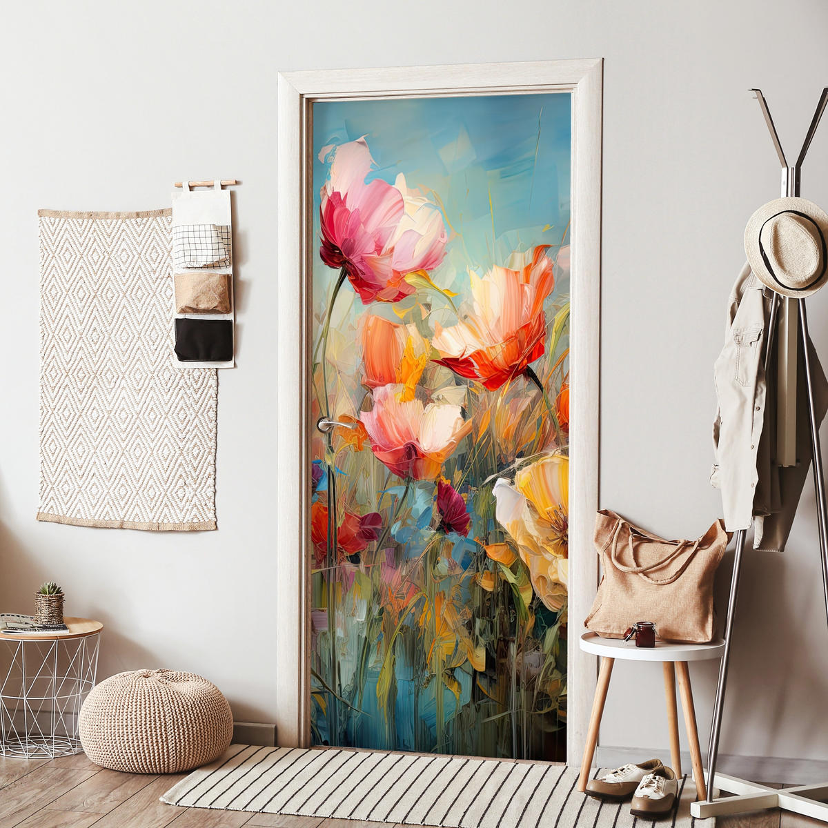 TÜRAUFKLEBER Selbstklebend - Blumen - Aquarell - Kunst - Botanisch - Natur 95x215 cm - Türtapete - Orange, Kunststoff (95/0.1cm) - MuchoWow