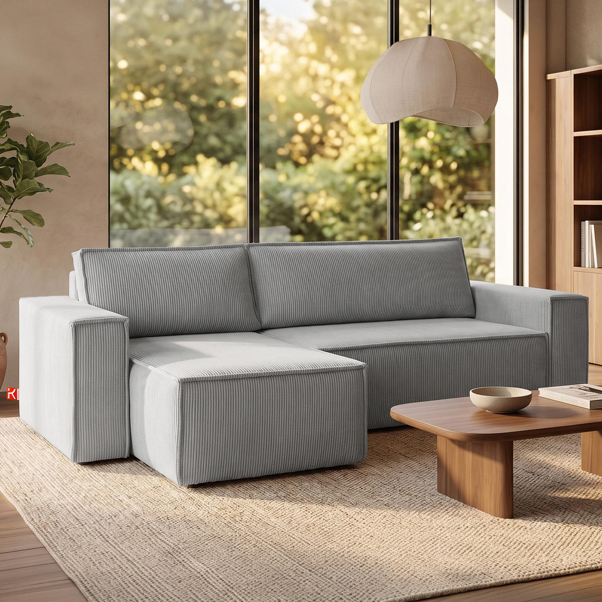 ECKSOFA-LINKS/RECHTS NAPI Schlaffunktion mit Cordbezug, hellgrau - Hellgrau/Schwarz, Textil (262/148cm) - KONSIMO®