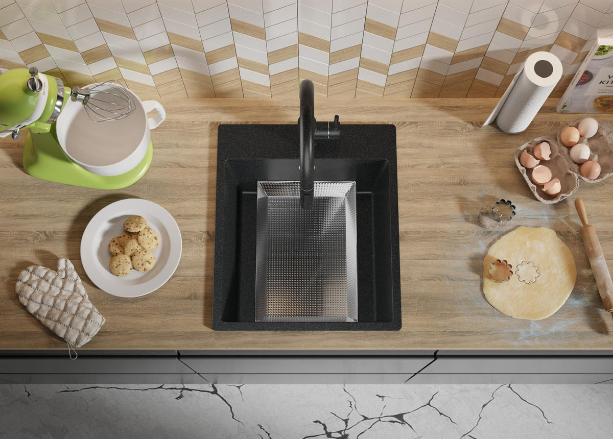 SPÜLBECKEN Riga, 2-er set Anthrazit 43/50 cm 1 Becken + Ablauf-Set ab 45er Unterschrank - Chromfarben/Anthrazit, Kunststoff (43/20/50cm) - Primagran