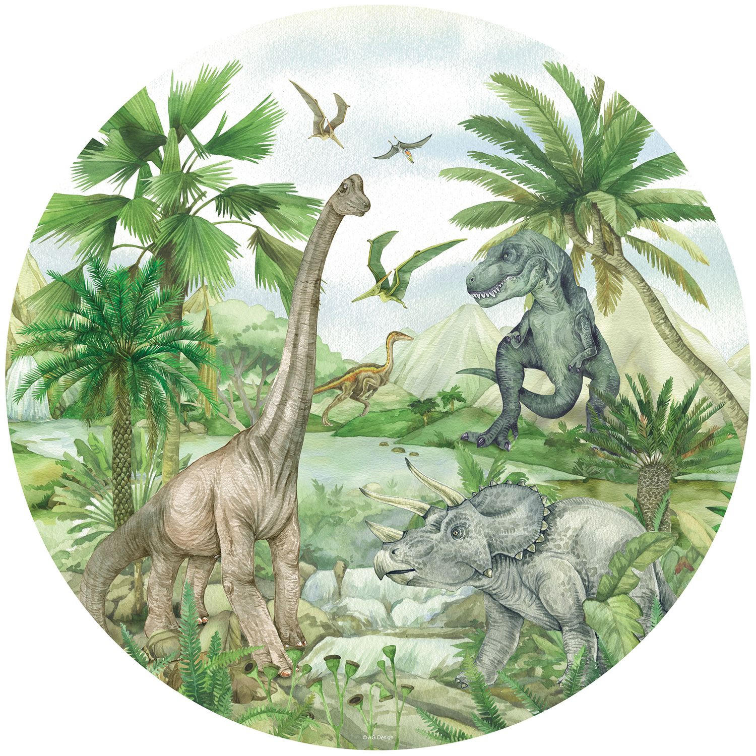 SELBSTKLEBENDE runde Tapete Dinosaurier Ø 70 cm - Grün, Papier (70/70/70cm) - Sanders & Sanders