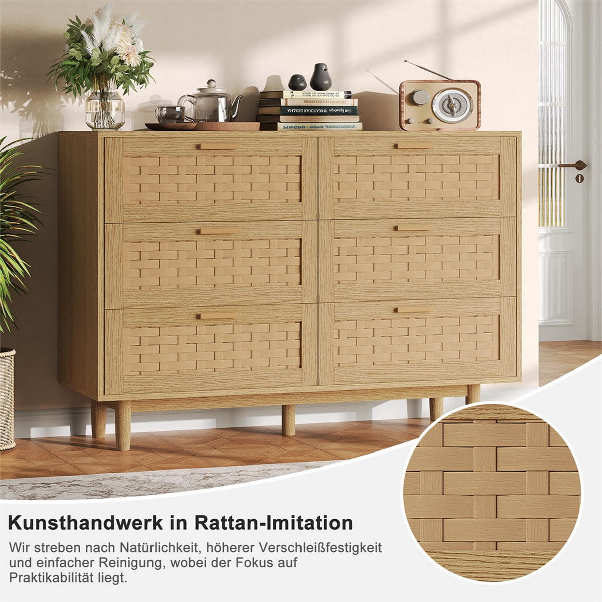 KOMMODE mit 6 Schubladen - natürliche Geflecht-Optik und runde Holzbeine - Eiche-Optik - Eichefarben, Holzwerkstoff (115/80/40cm) - DELFA