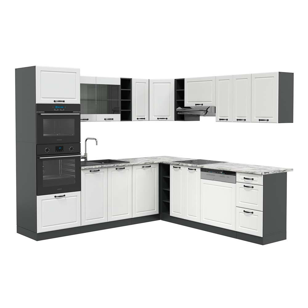 ECKKÜCHE R-Line Weiß Landhaus/Anthrazit 237 x 247 cm, AP Marmor - Anthrazit/Weiß, Holzwerkstoff (247/81.6/60cm) - Vicco